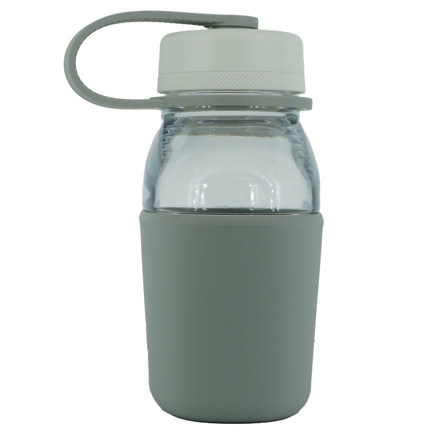 Clear glass water bottle with a green silicone sleeve and white lid on a white background - Sleet White