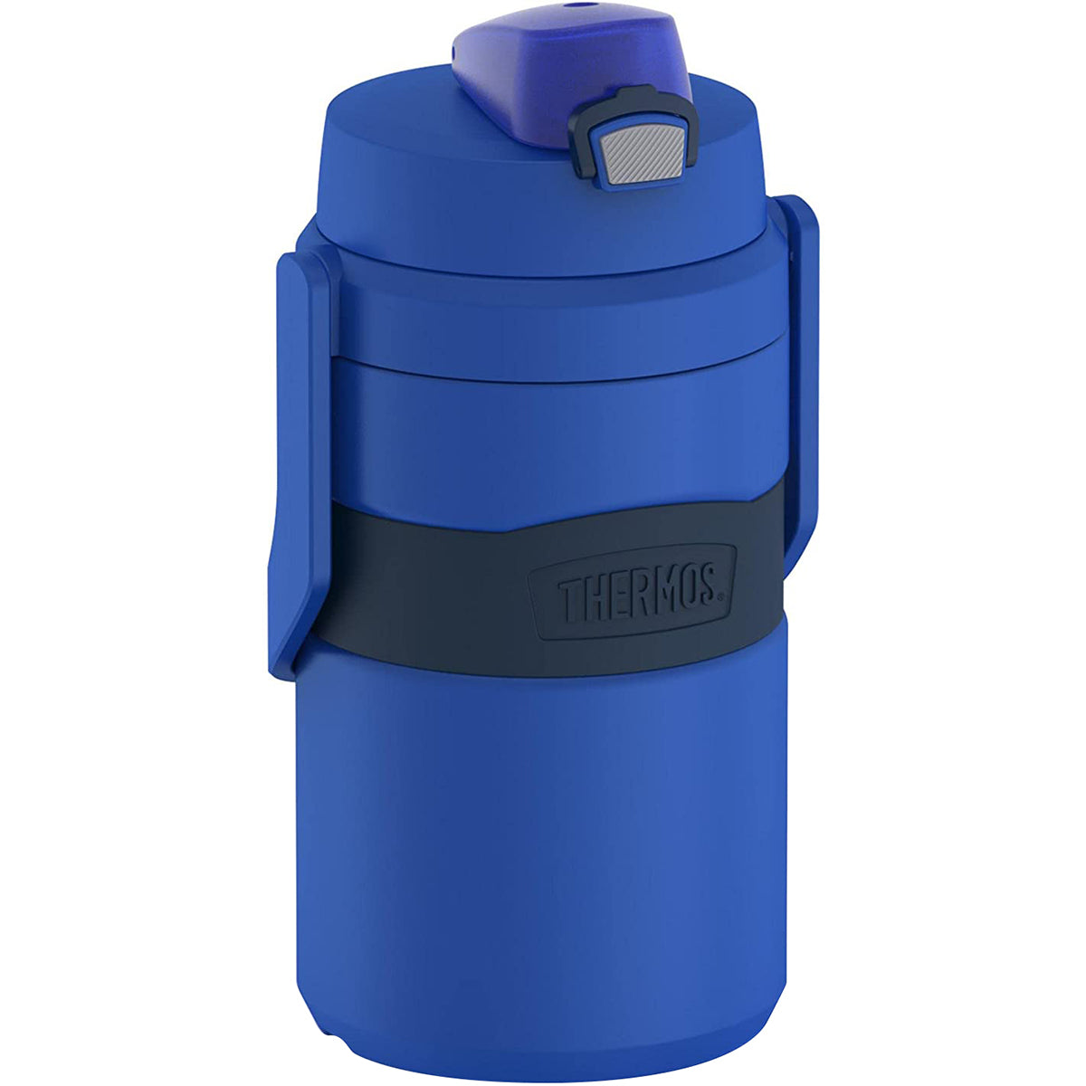 Blue thermos bottle with black handle on a white background