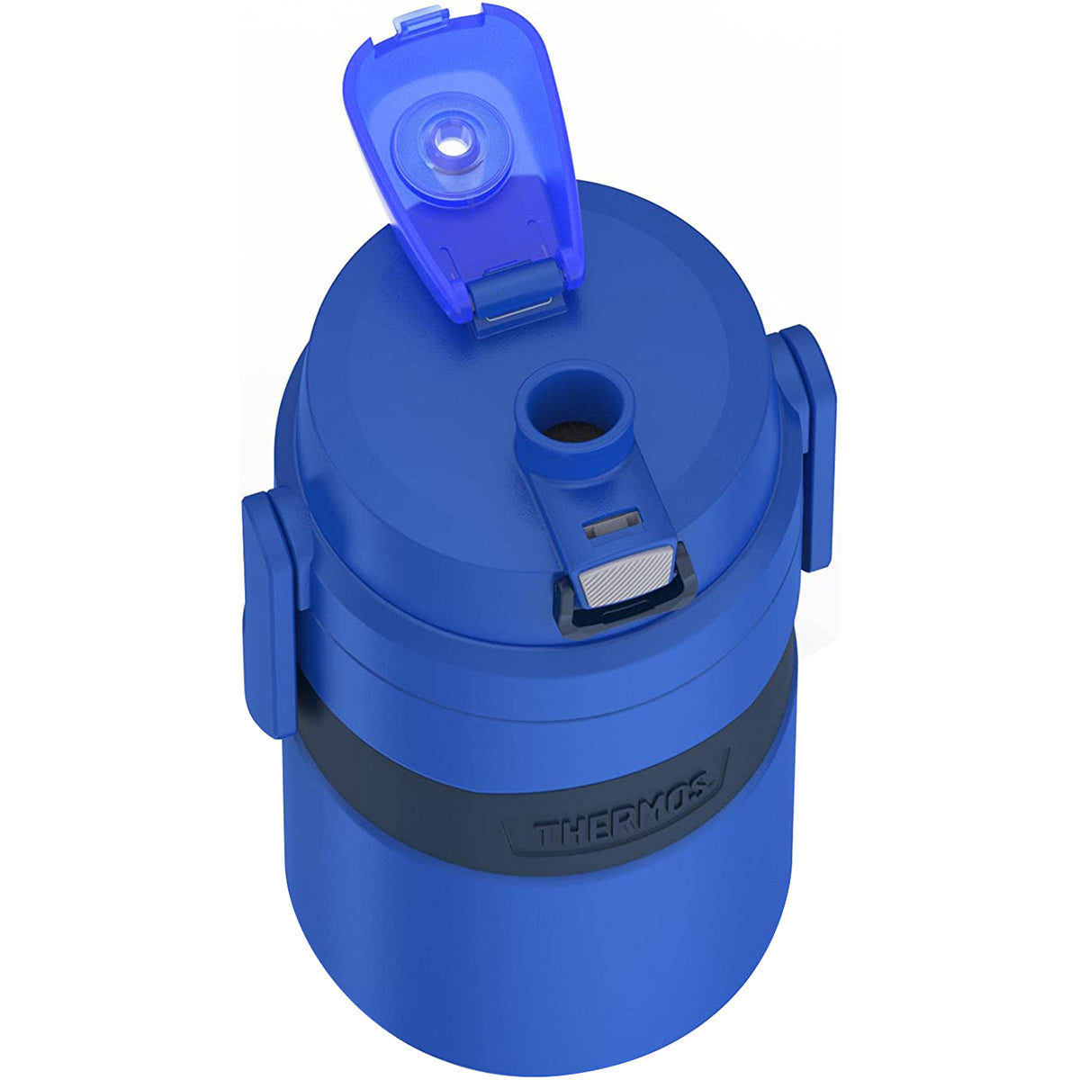 Blue thermos with a blue lid on a white background