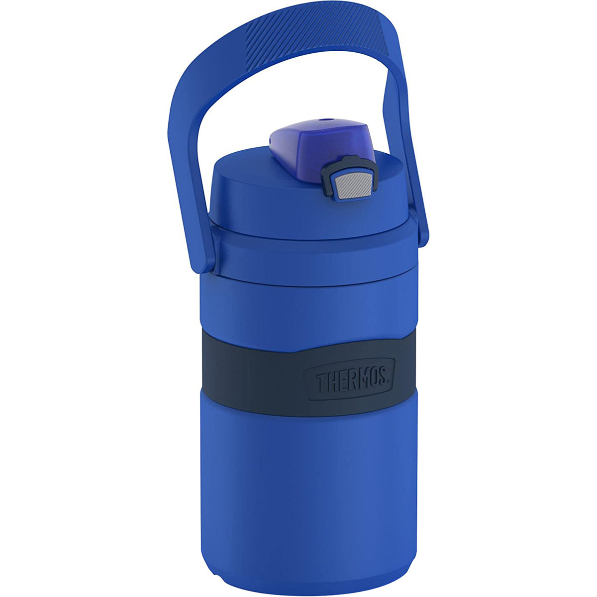 Blue thermos with handle on a white background