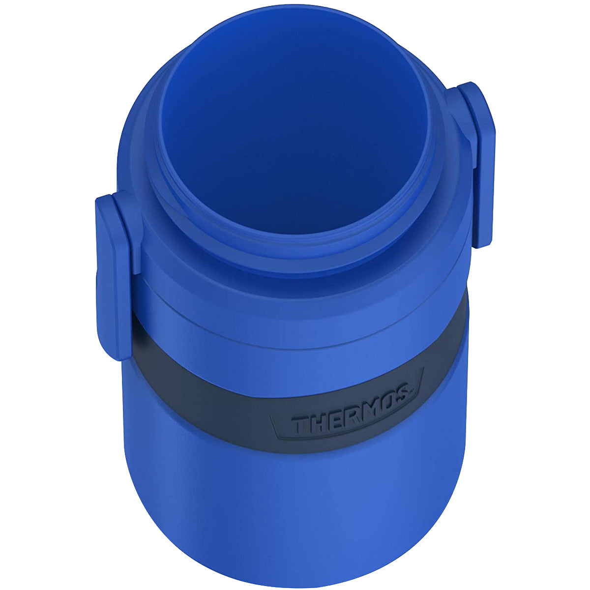 Blue thermos with black band on a white background