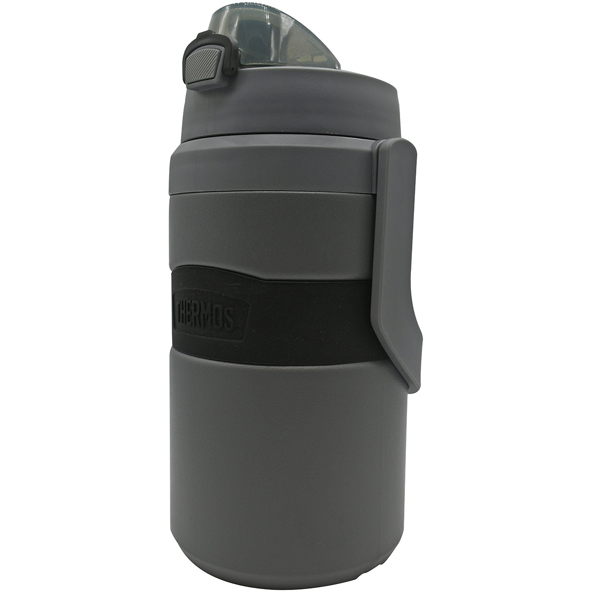 Charcol water bottle with black cap on a white background