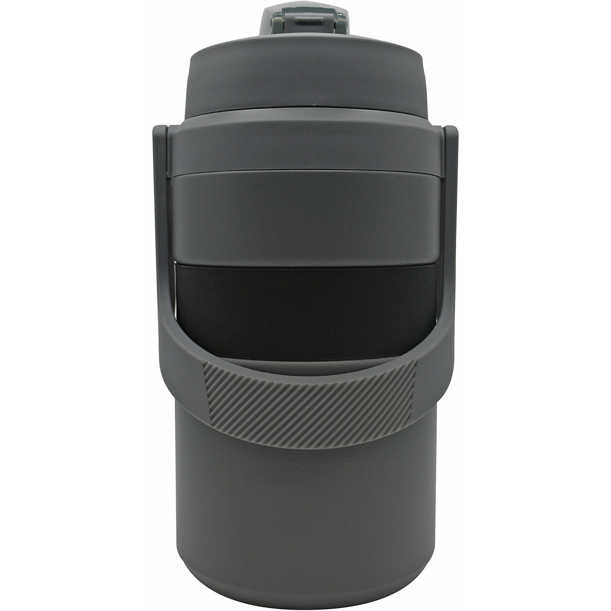 Charcol water bottle with a cup holder on a white background