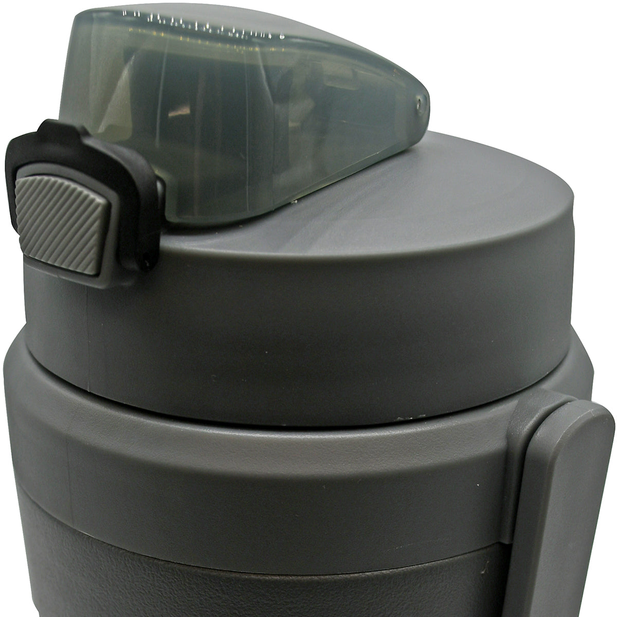 Charcol water bottle with a black lid on a white background