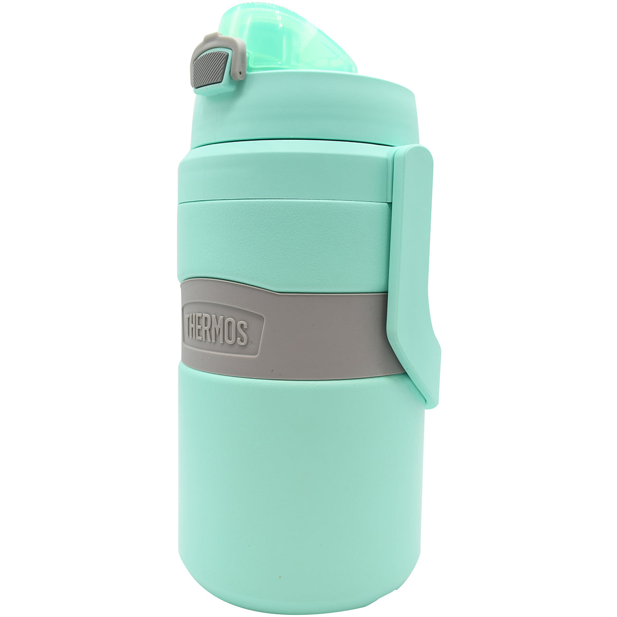 Mint green thermos with gray accents on a white background