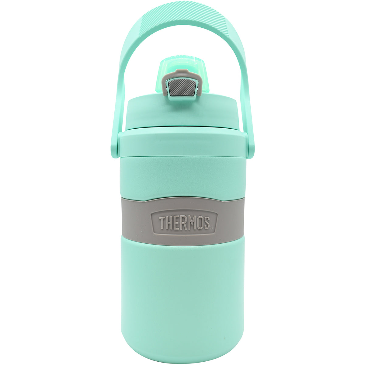 Mint green thermos with gray accents on a white background