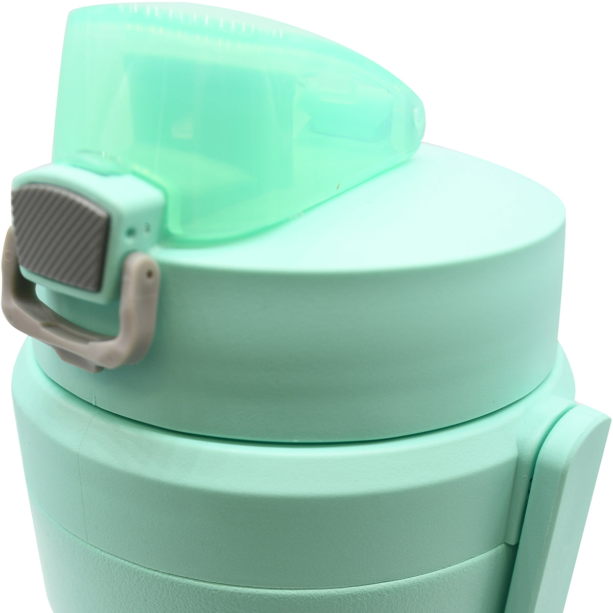 Mint green water bottle with a gray lid on a white background