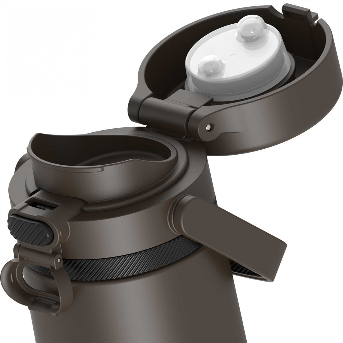 Espresso thermos with black lid and handle on a white background