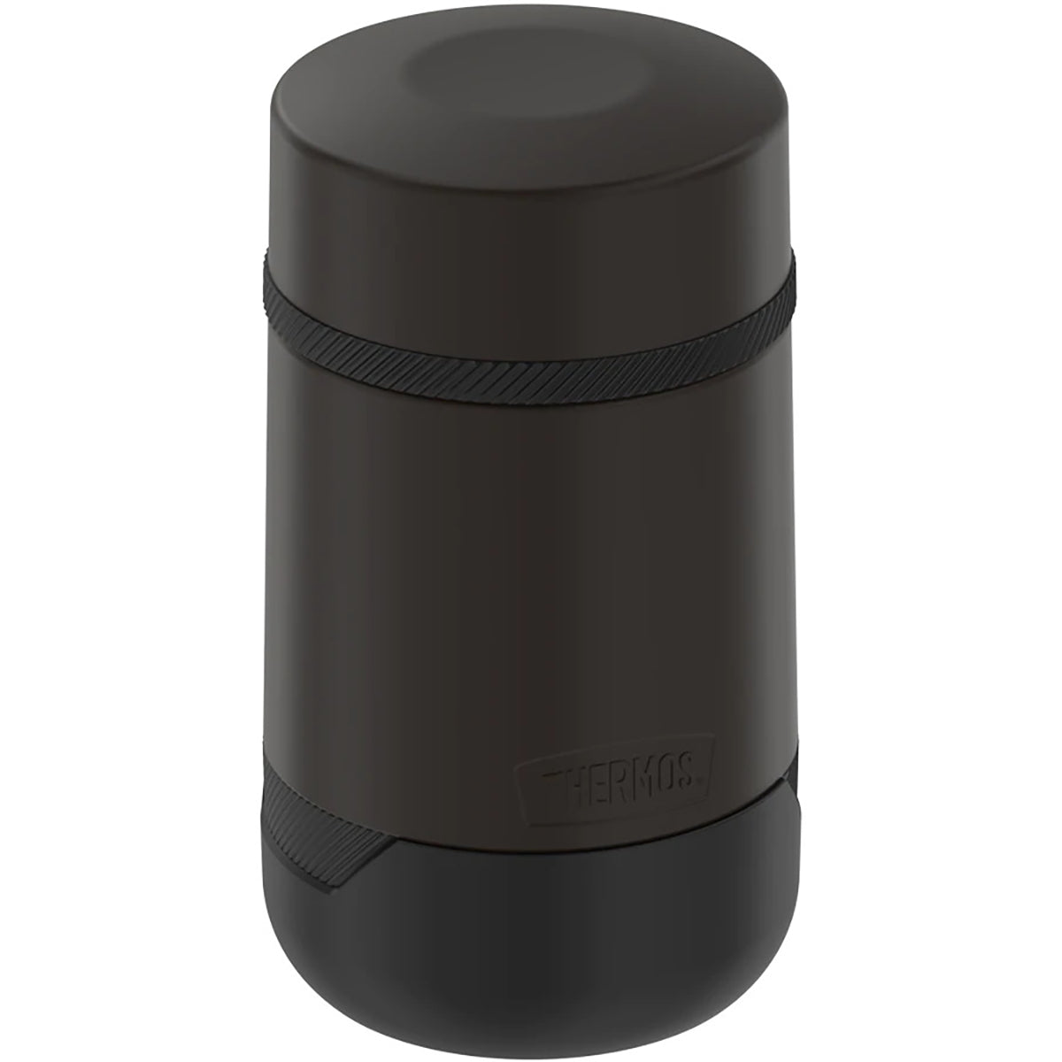Black thermos with a visible brand logo on a white background