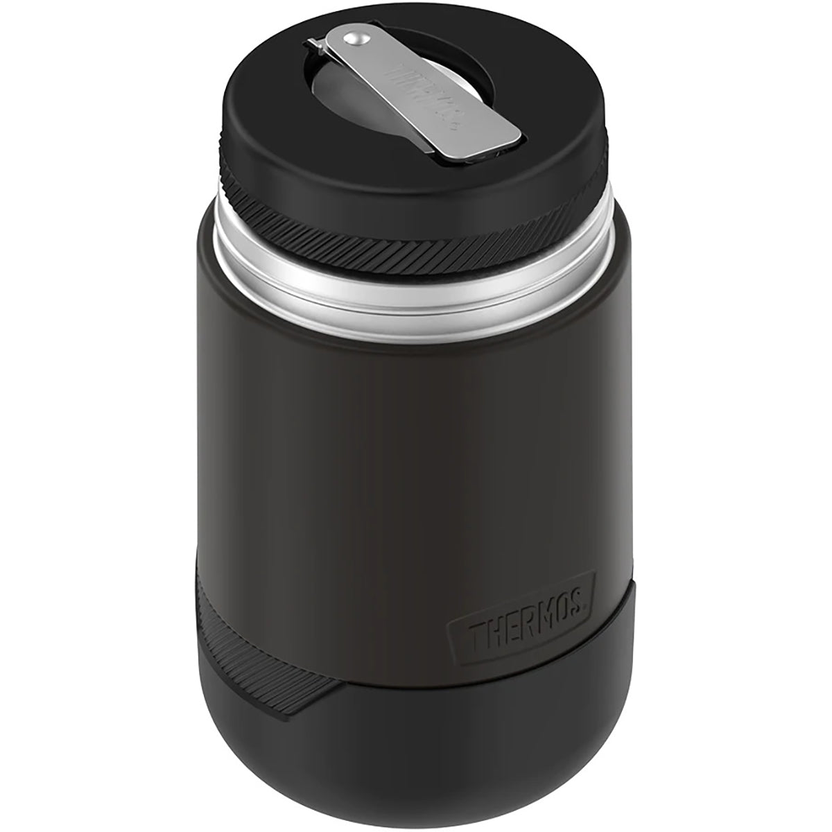 Black thermos with a silver lid on a white background