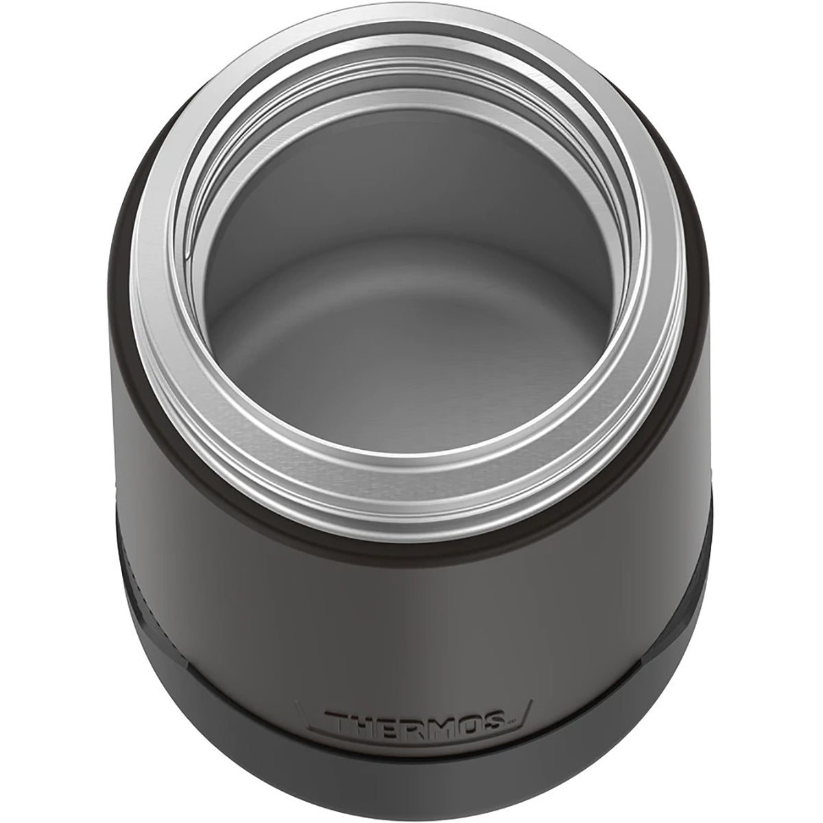 Black thermos jar with silver lid on a white background