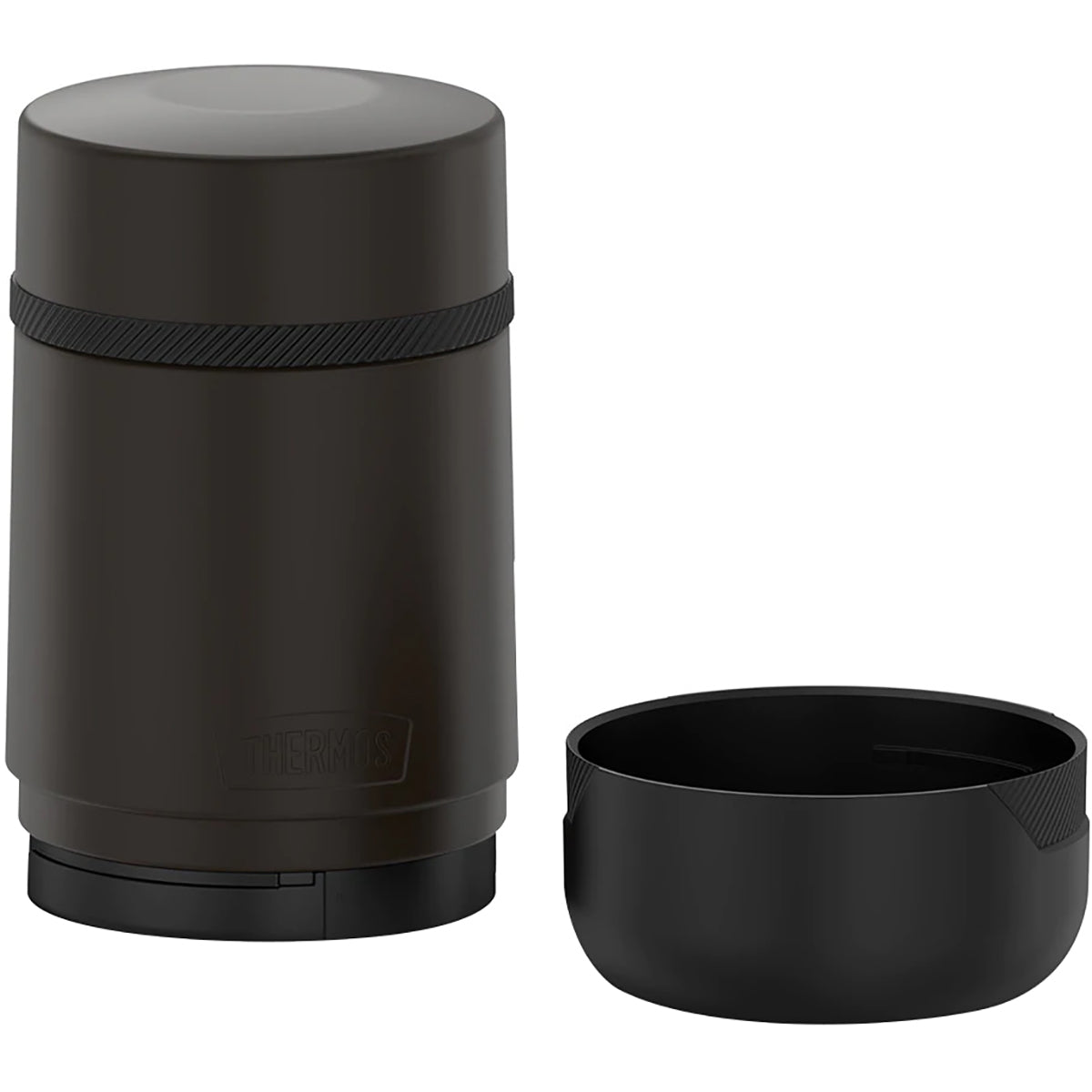 Black thermos jar with a matching bowl on a white background