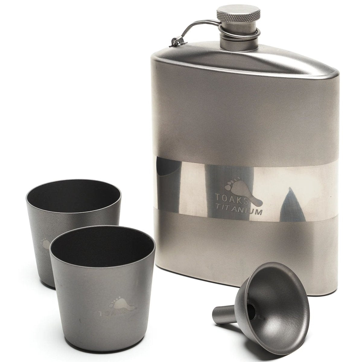 TOAKS Titanium Flat Flask Set (1 Flask, 2 Shot Glasses, 1 Funnel) - Forza Sports