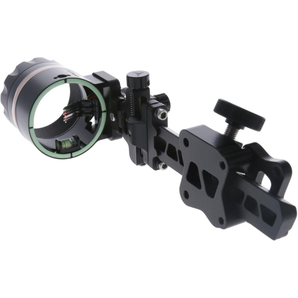 Black archery magnitude dovetail sight on a white background