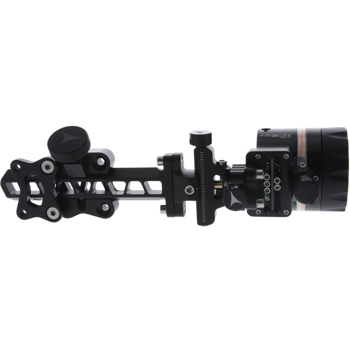 Black mechanical magnitude dovetail sight with a lens on a white background