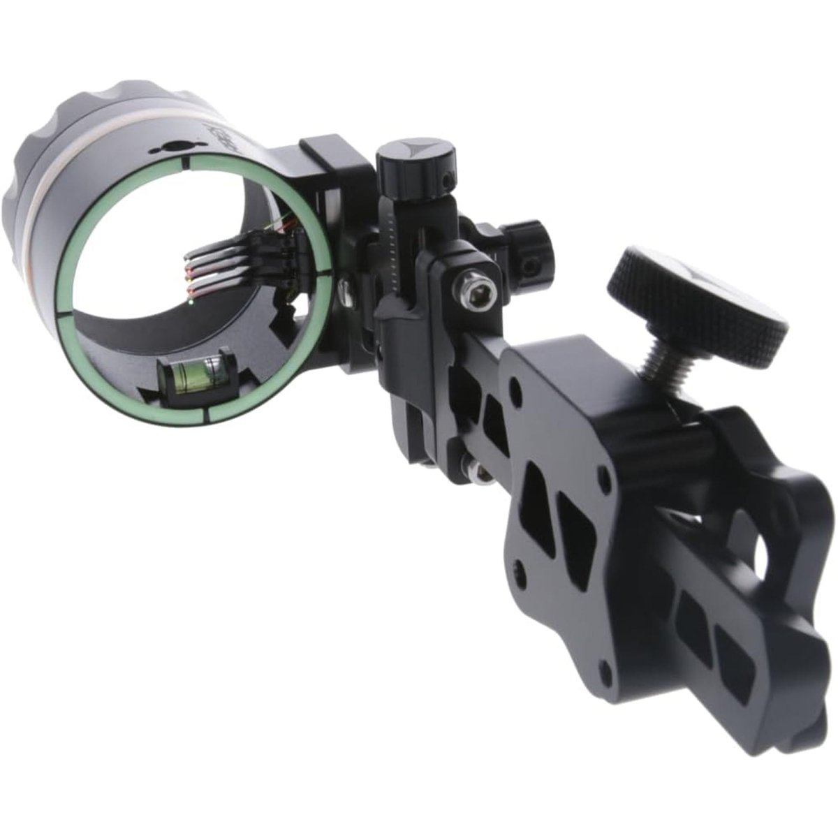 Black archery magnitude dovetail ight with green lens on a white background