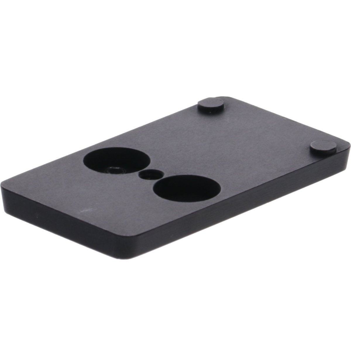 Black rectangular metal red dot sight adapter with circular holes on a white background