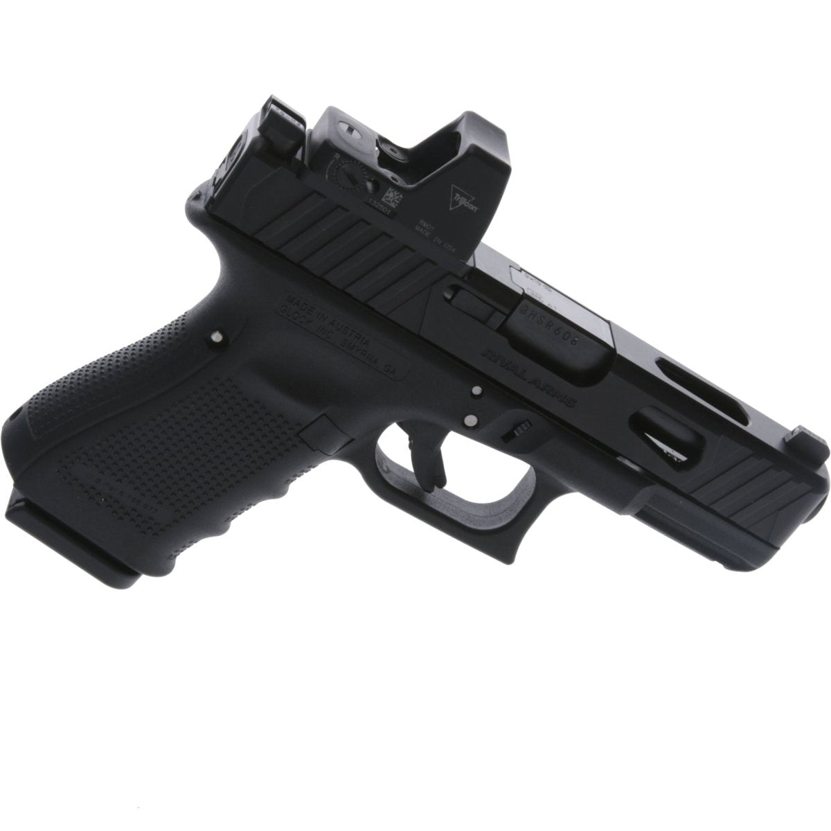 Black red dot sight handgun on a white background