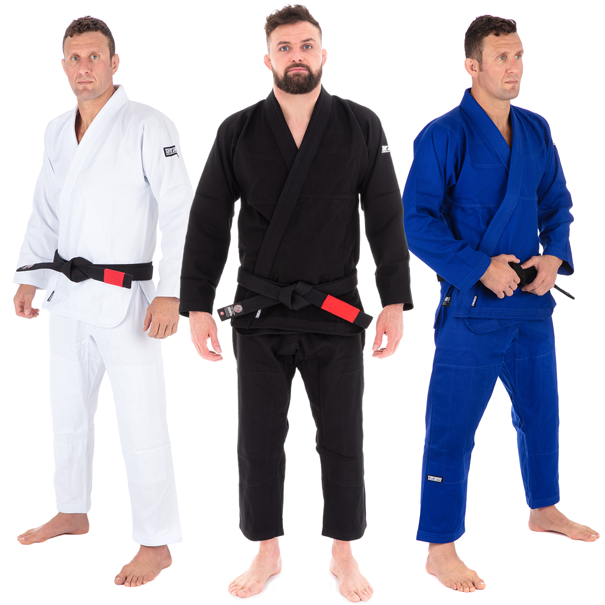 Three men wearing different colored BJJ gi uniforms on a white background
