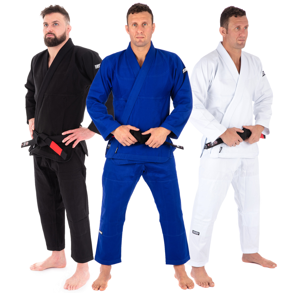 Three individuals wearing black, blue, and white BJJ gi uniforms on a white background.