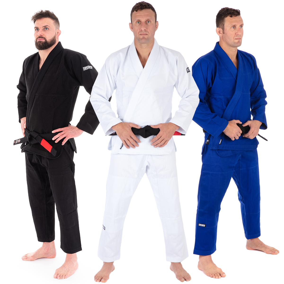 Three men wearing black, white, and blue BJJ gi uniforms on a white background