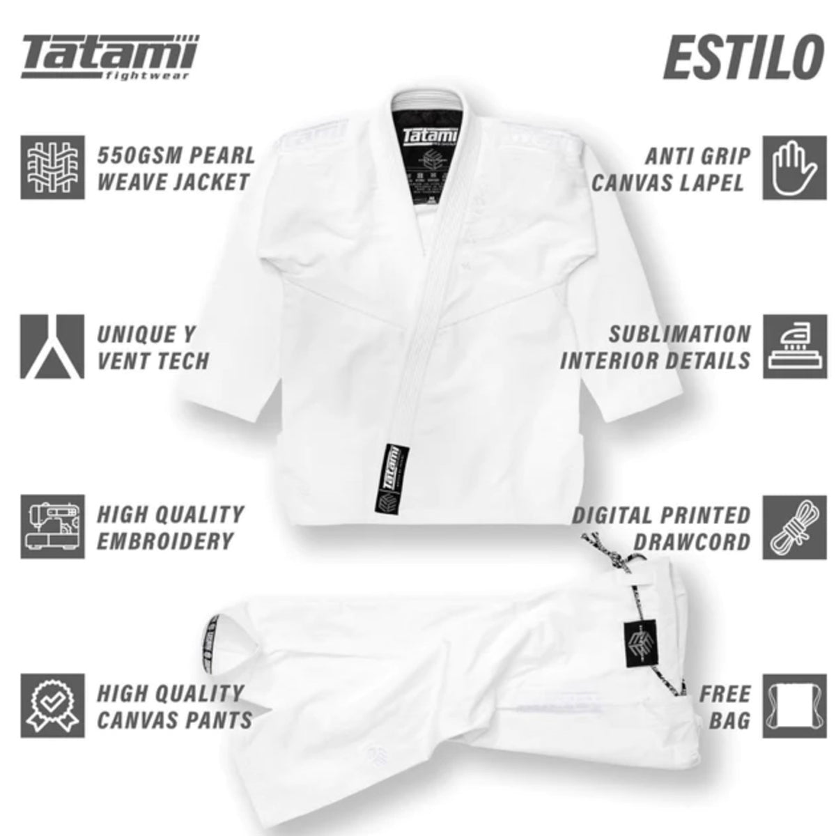 Tatami Fightwear Estilo Black Label BJJ Gi - White/White - Forza Sports