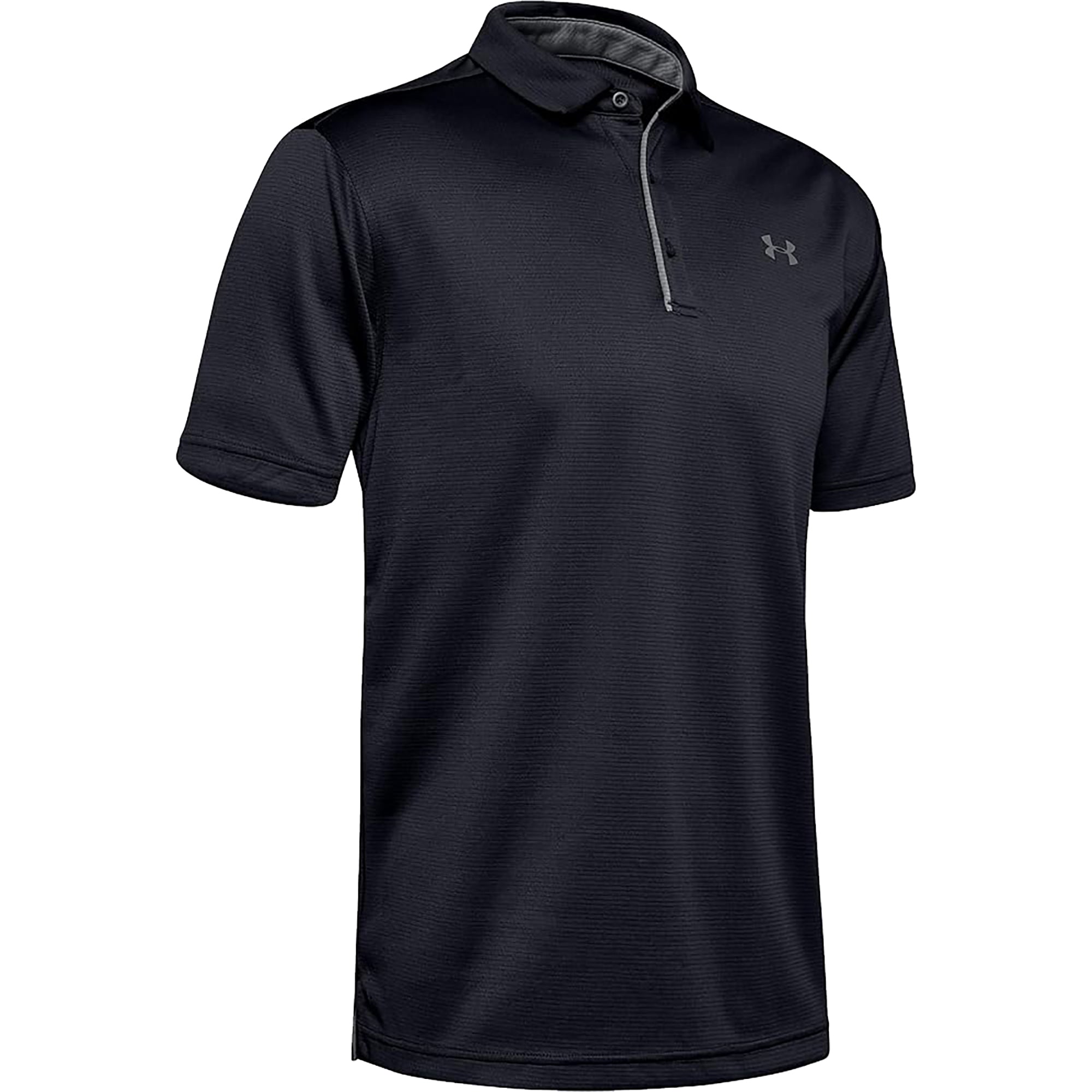 Black short-sleeve tech polo shirt with a brand logo on a white background