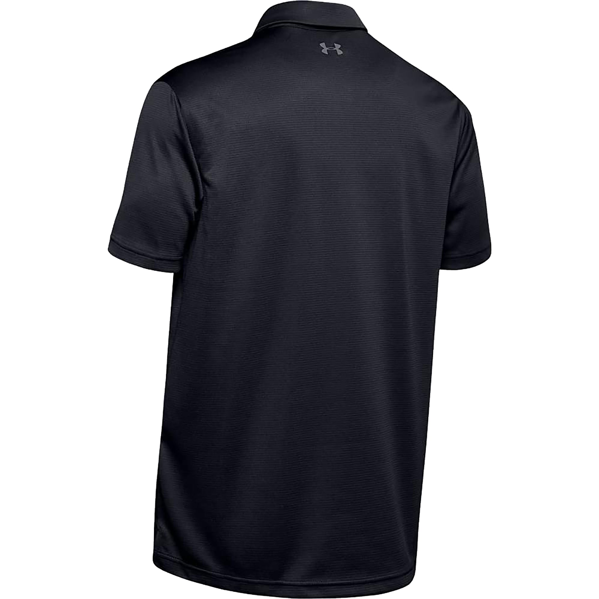 Black tech polo shirt with Under Armour logo on the back against a white background