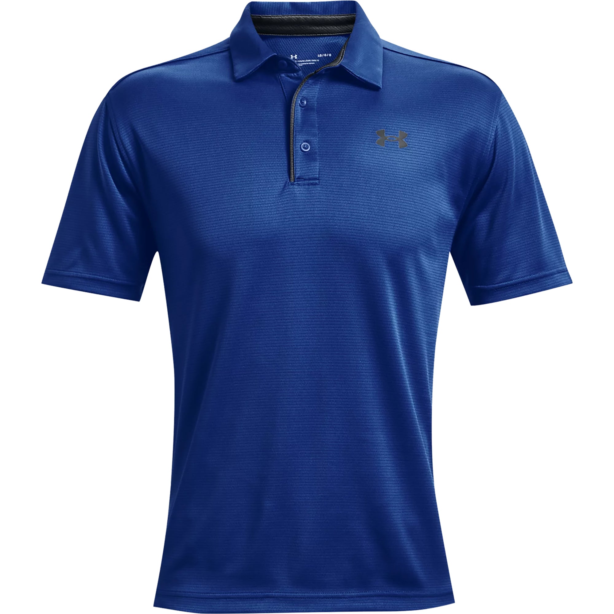 Blue tech polo shirt with Under Armour logo on a white background