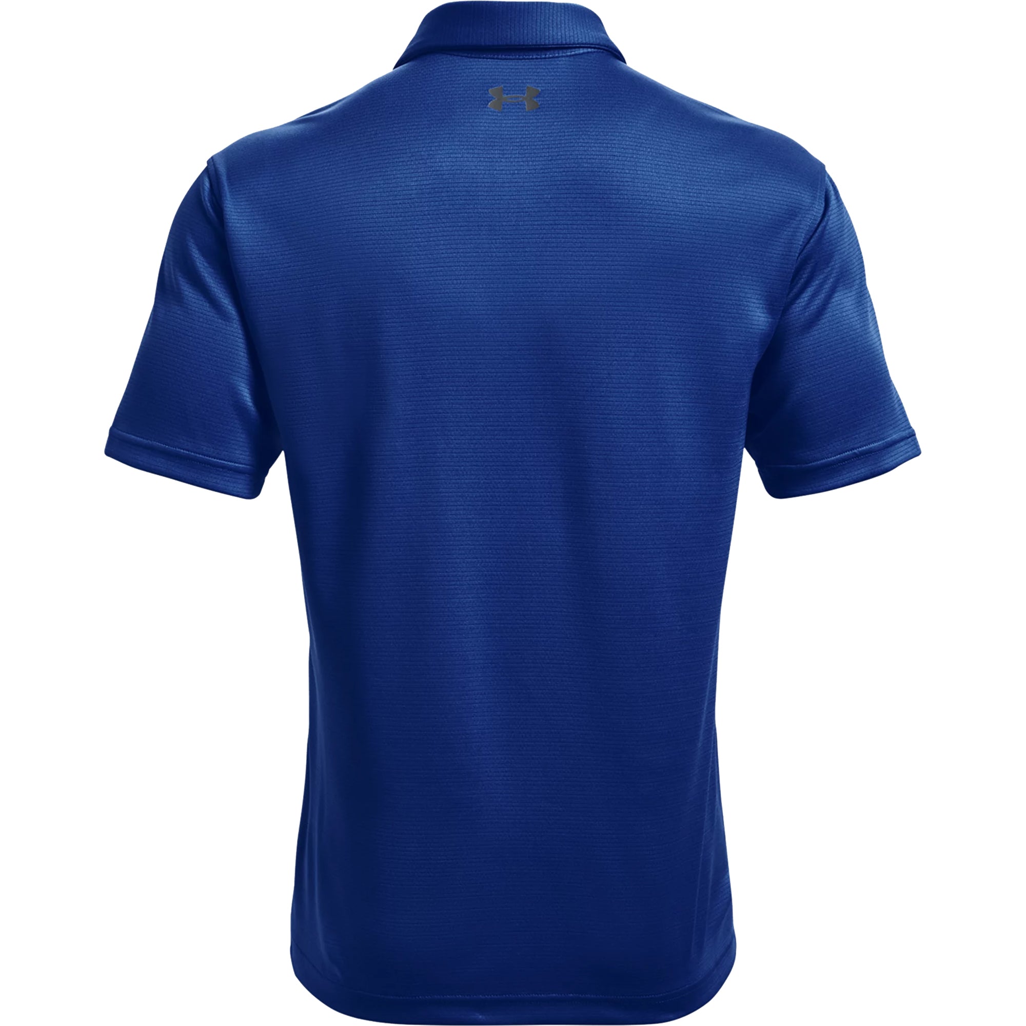 Blue tech polo shirt with Under Armour logo on the back against a white background