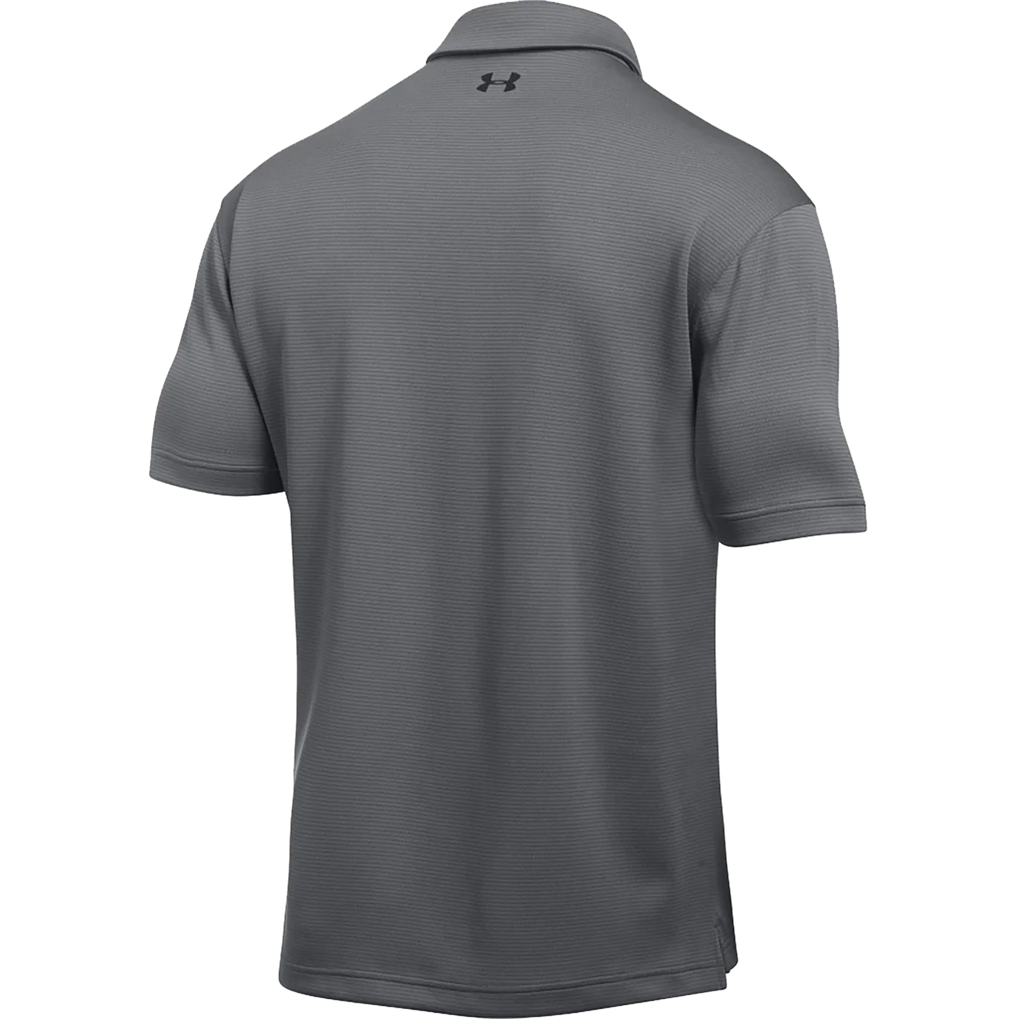 Gray tech polo shirt with Under Armour logo on the back against a white background