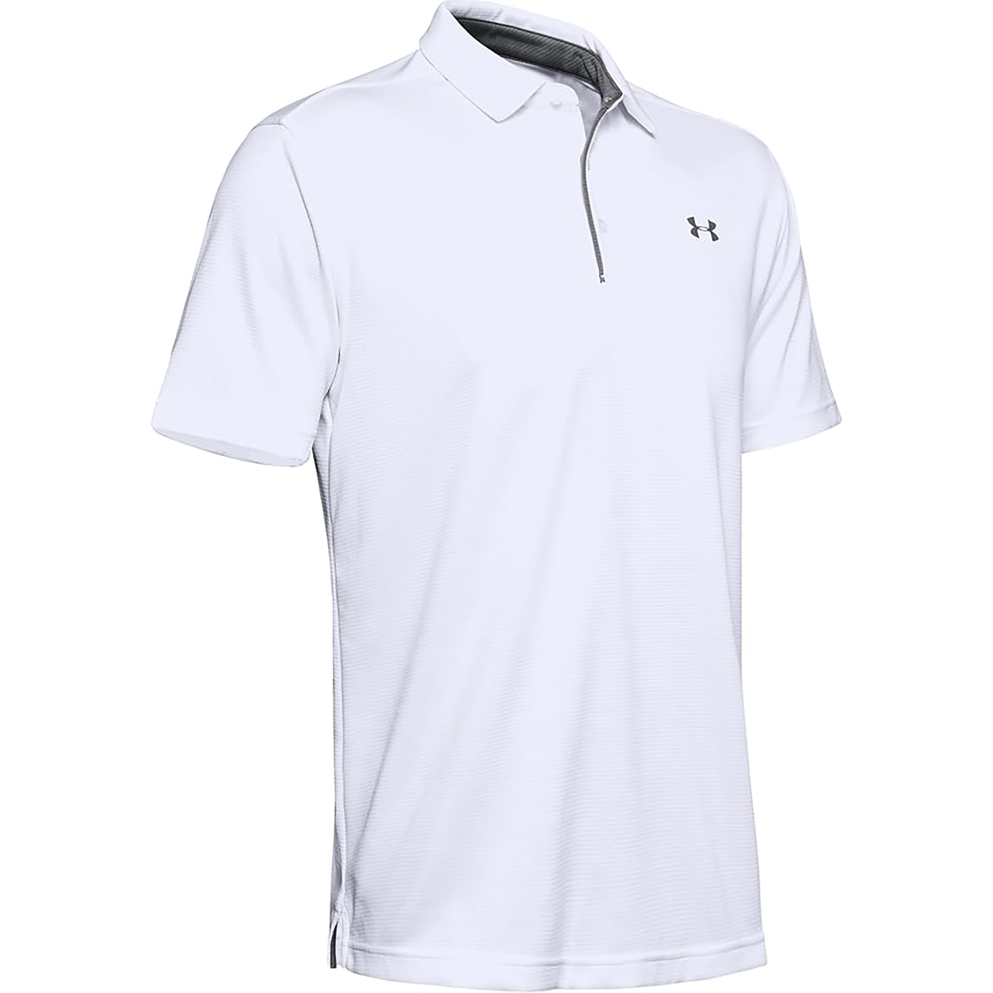 White tech polo shirt with a brand logo on a white background