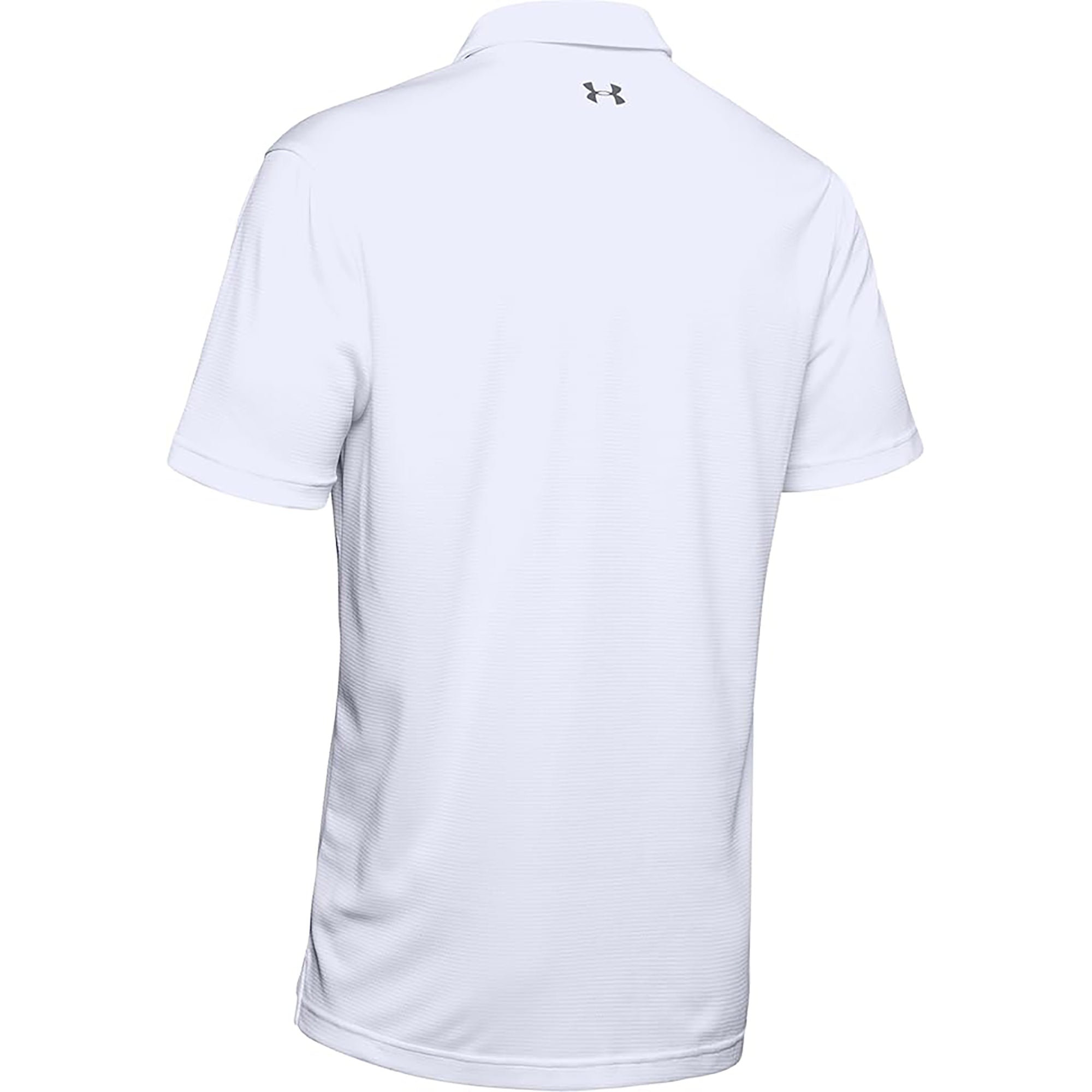 White tech polo shirt with Under Armour logo on the back against a white background