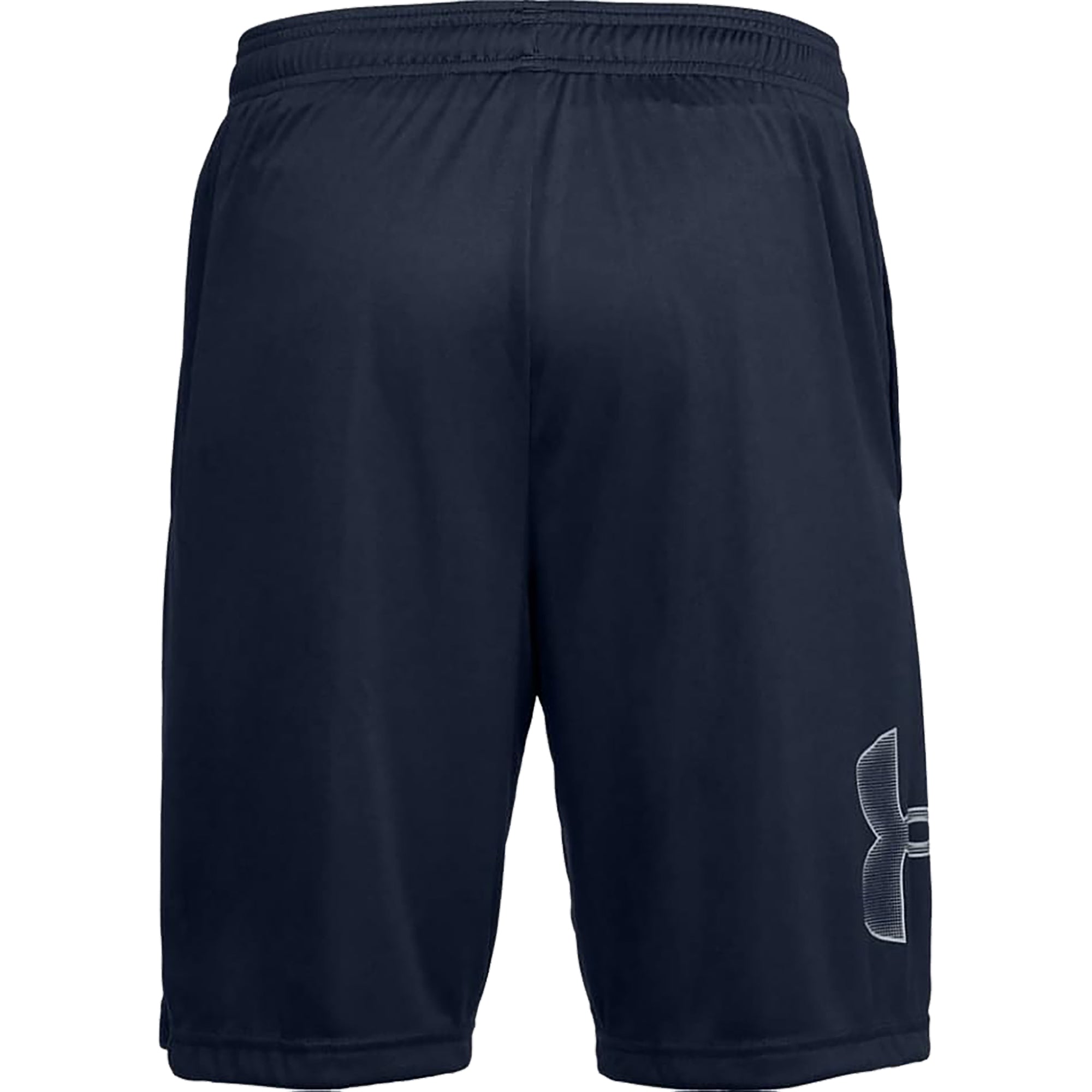 Black graphic shorts with Under Armour logo on a white background
