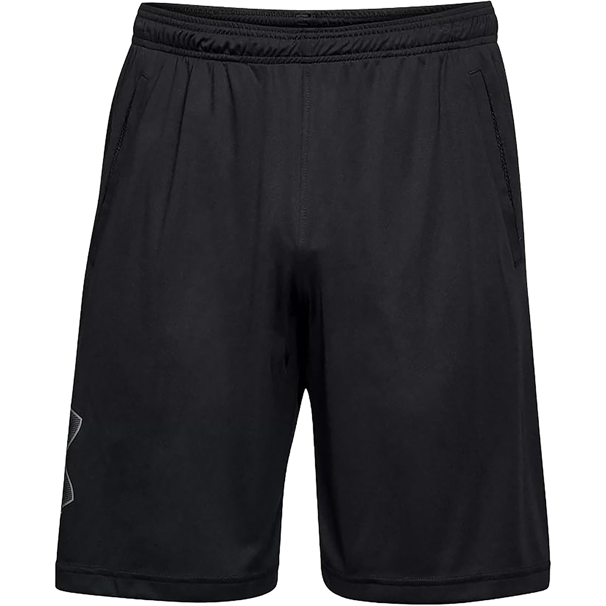 Black graphic shorts on a white background