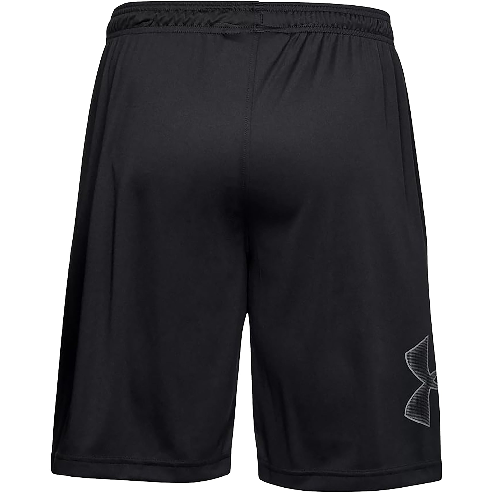 Black athletic graphic shorts with a brand logo on a white background