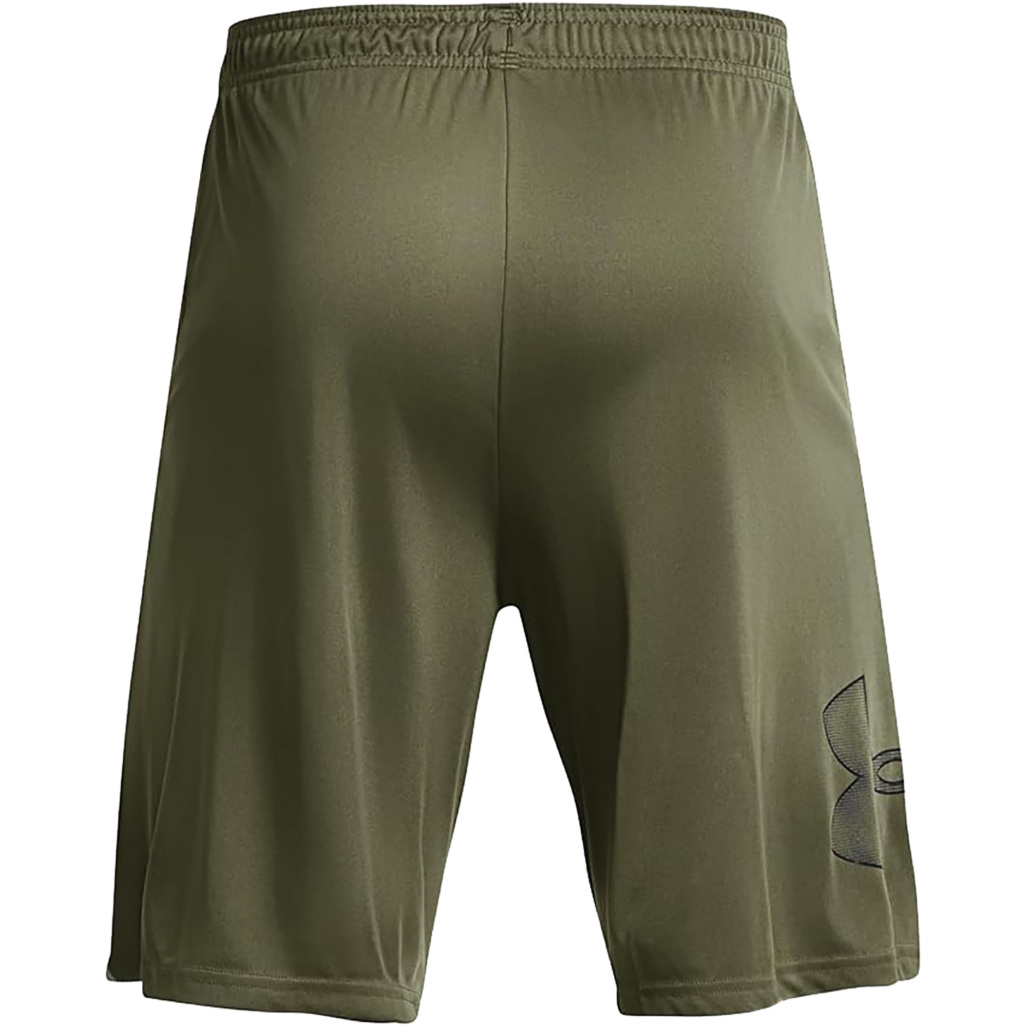 Green athletic graphic shorts with Under Armour logo on a white background