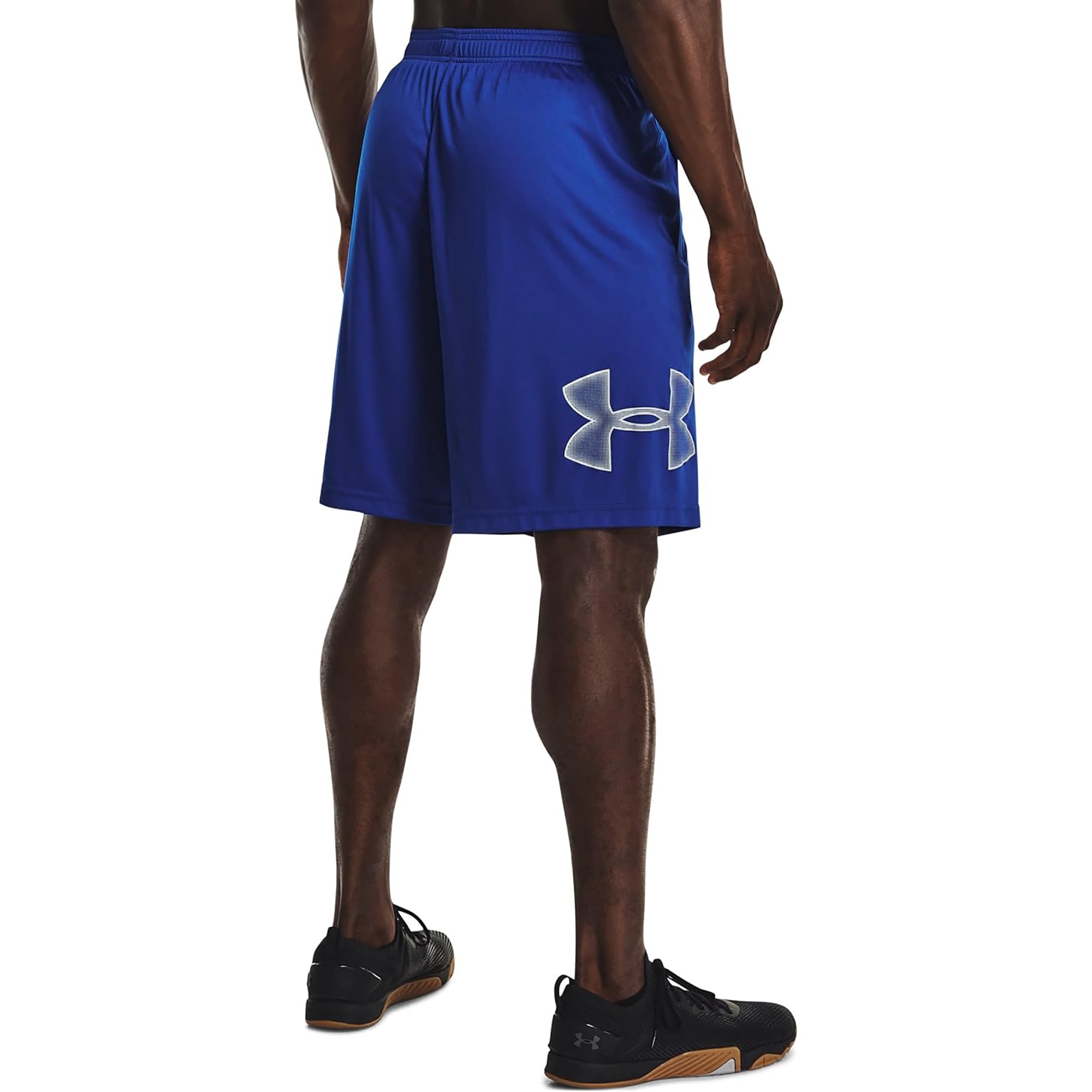 Blue athletic graphic shorts with a logo on a white background