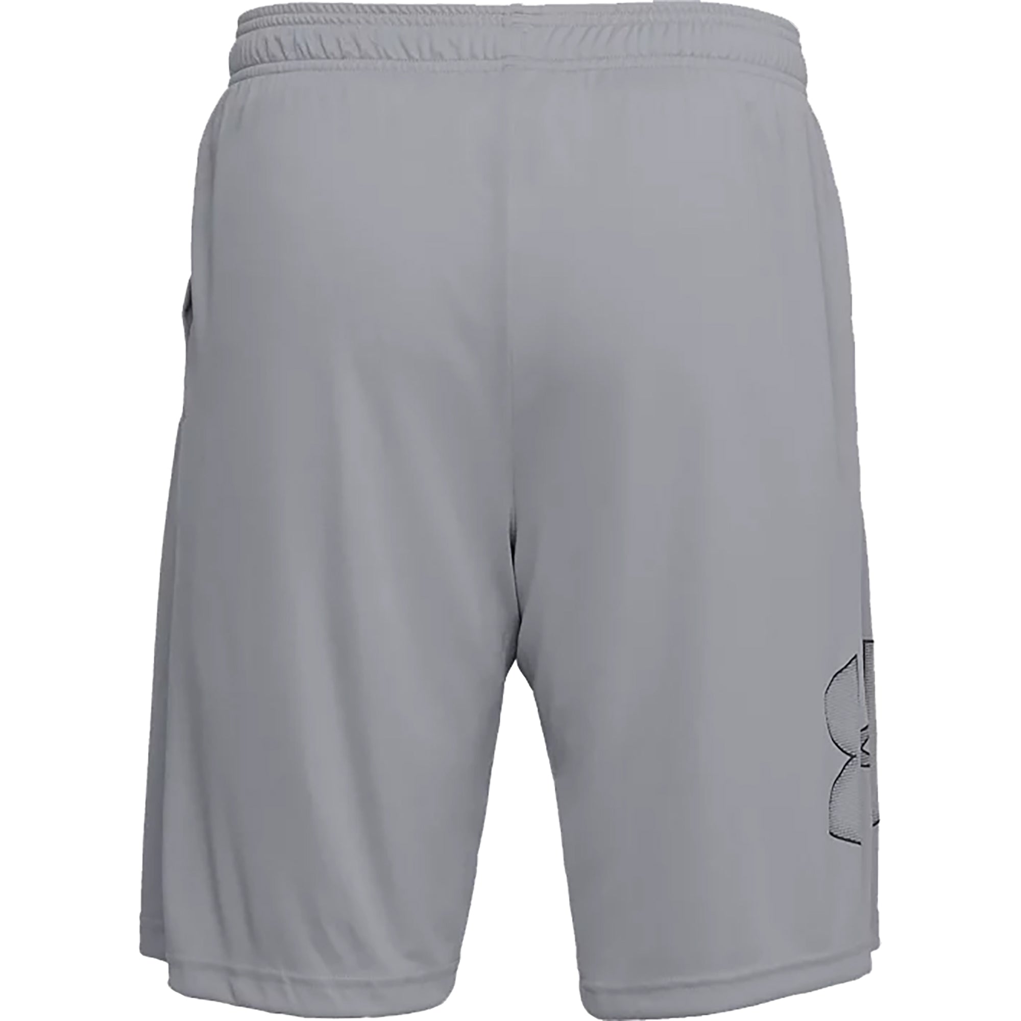 Gray graphic shorts with a brand logo on a white background