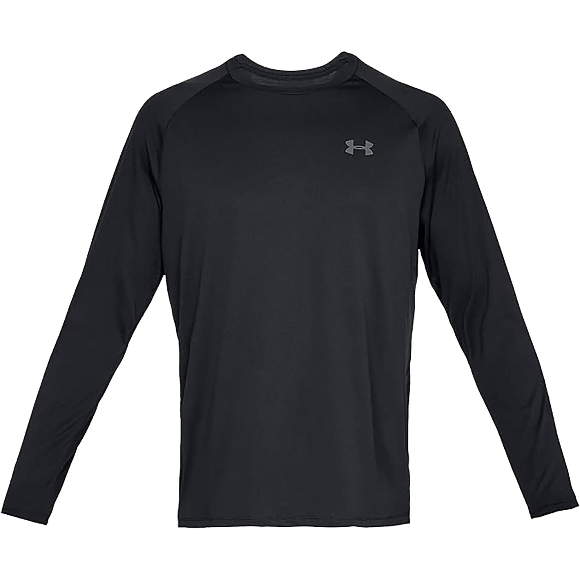 Black long-sleeve tech athletic shirt with Under Armour logo on a white background