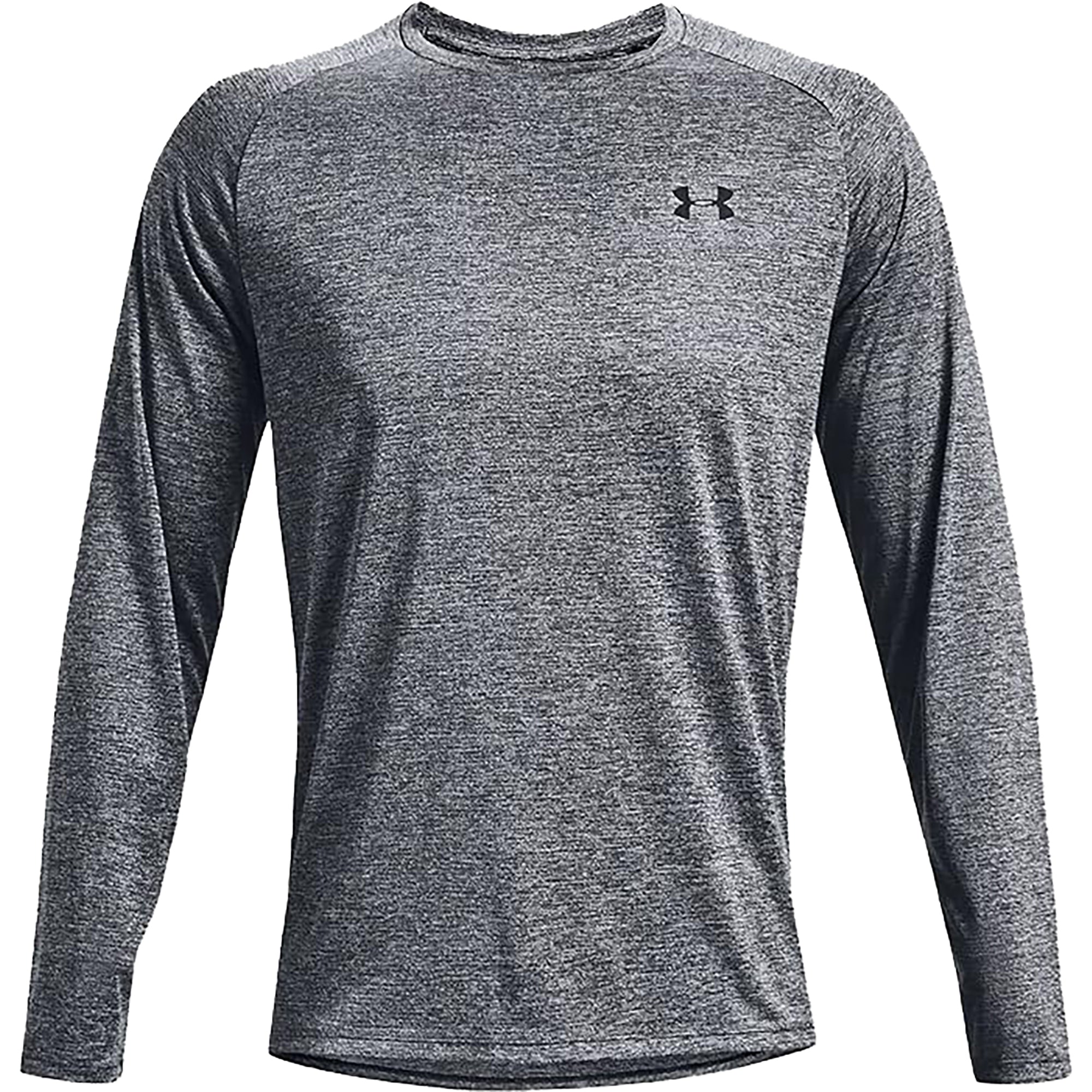 Gray long-sleeve tech athletic shirt with Under Armour logo on a white background