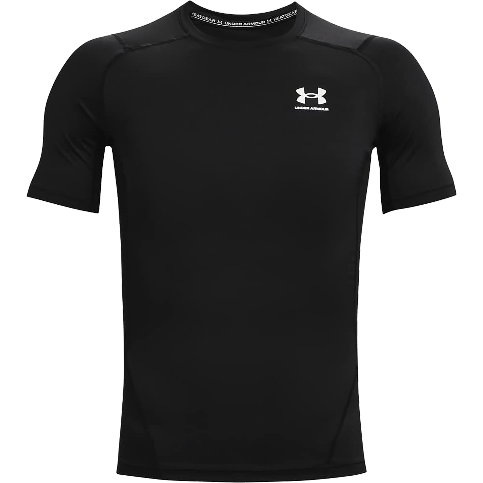 Black athletic short sleeve compression shirt with Under Armour logo on a white background