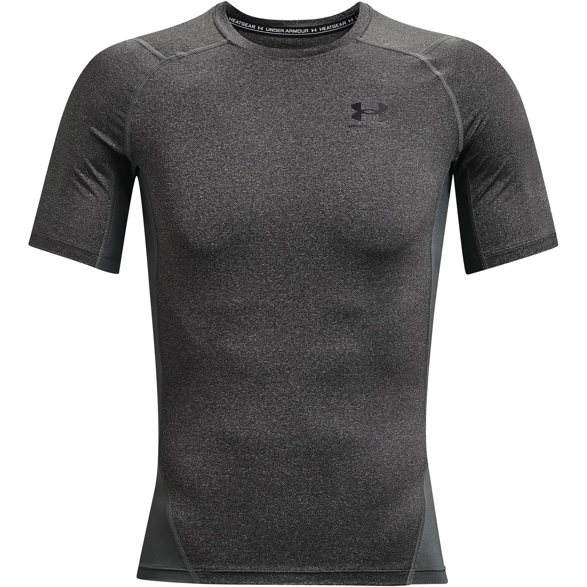Gray athletic short sleeve compression shirt with Under Armour logo on a white background