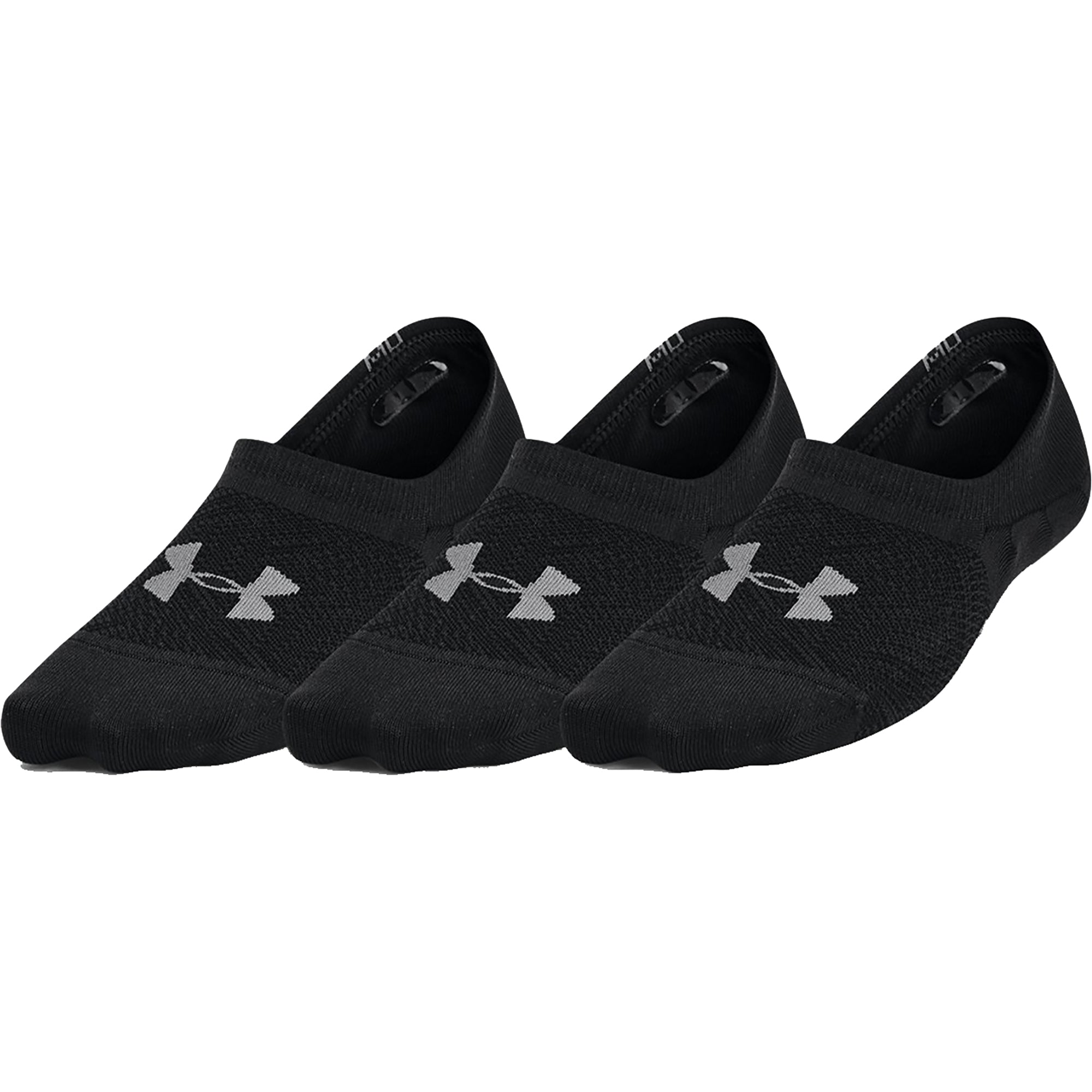 Four pairs of black Under Armour Low Liner Socks on a white background