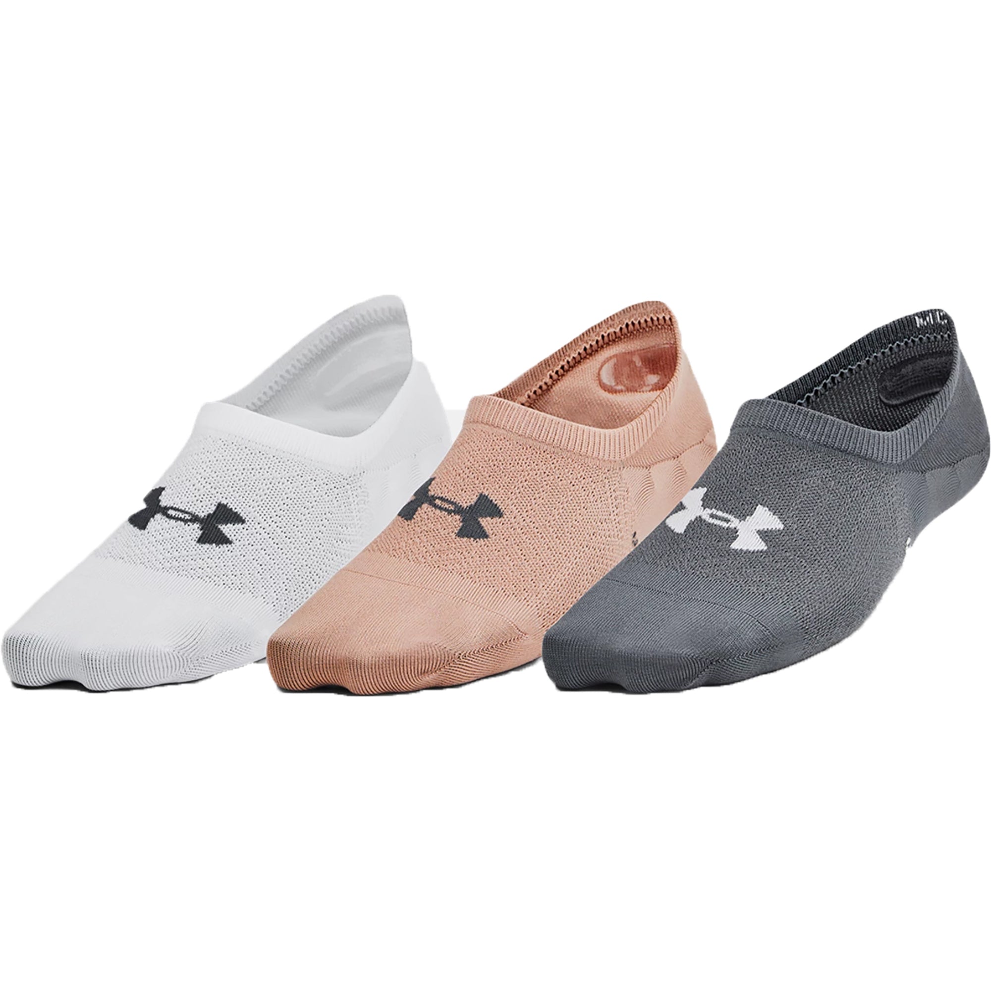 Three pairs of Under Armour no-show low liner socks in white, pink, and gray on a white background.