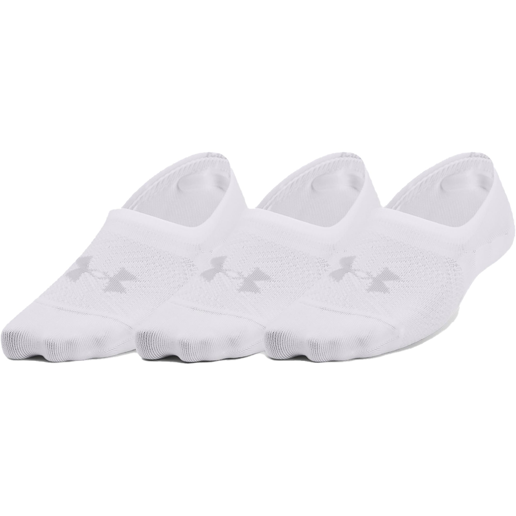 Three pairs of white no-show low liner socks with a brand logo on a white background