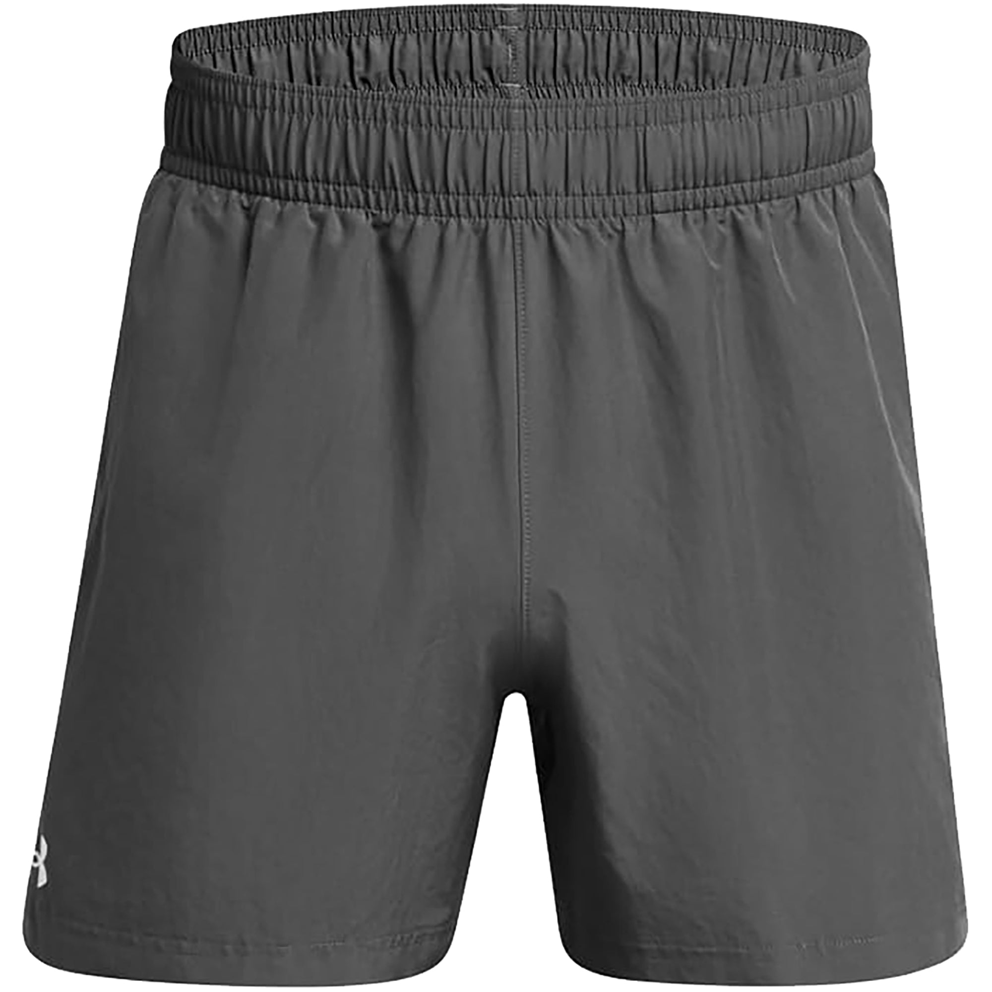 Gray woven shorts with an Under Armour logo on a white background