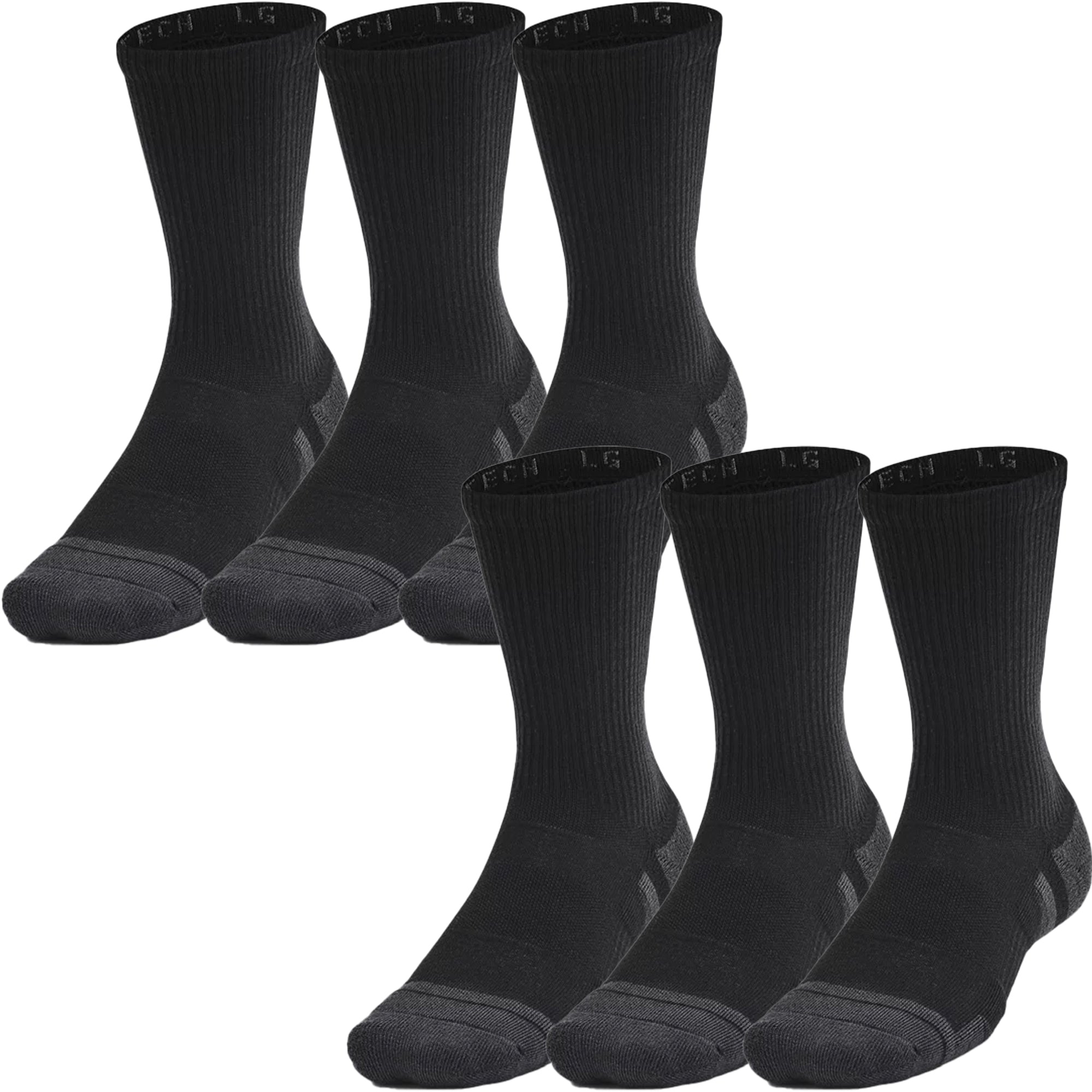 Set of six black crew socks on a white background