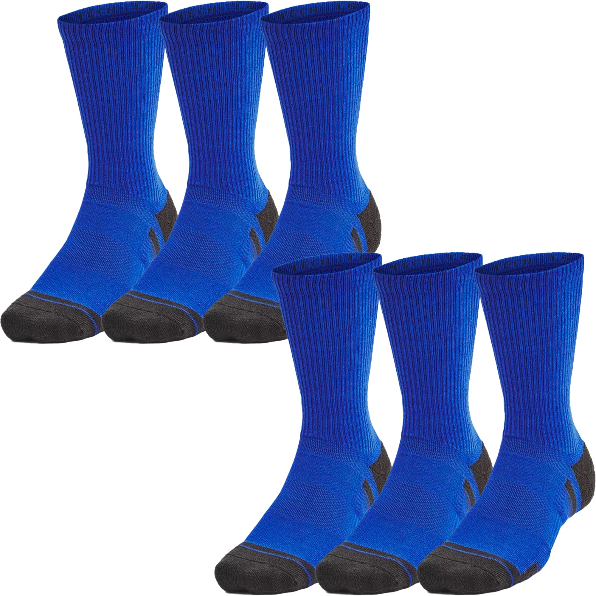Two sets of blue crew socks with black toes and heels on a white background