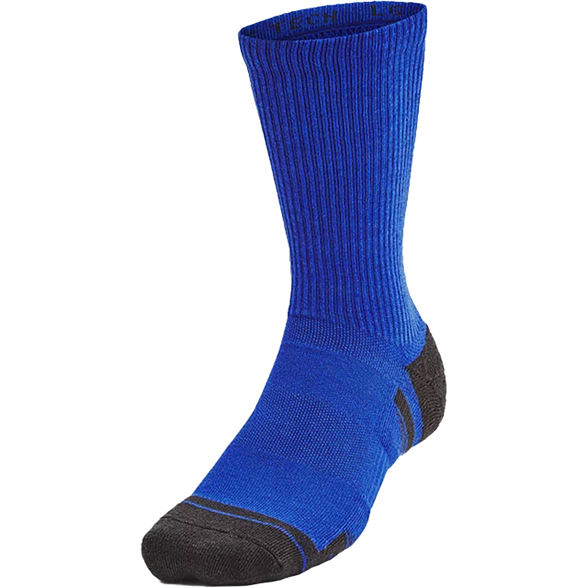 Blue crew socks with black toes and heels on a white background